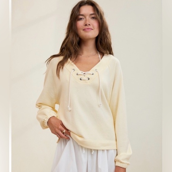 aerie Tops - Aerie Oversized Lace Up Sweatshirt in Pale Yellow / Cream - Medium